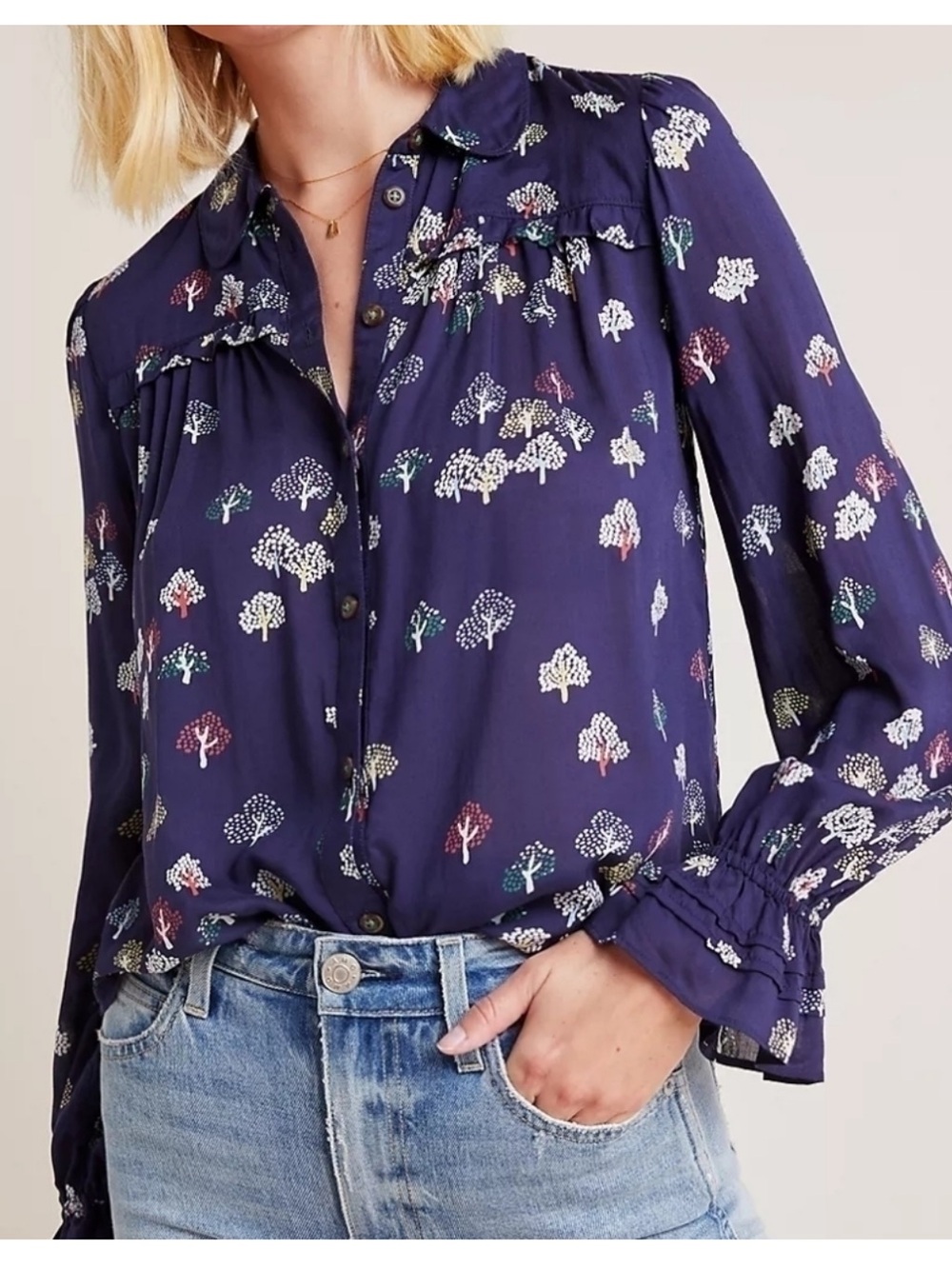 Anthropologie Maeve Fredricka Blue Tree Print Blouse Ruffle Sleeve Size 6